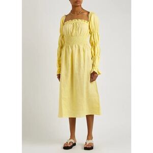 Sleeper Yellow Linen Midi Dress Smocked Square Neck Puff Sleeve Size M